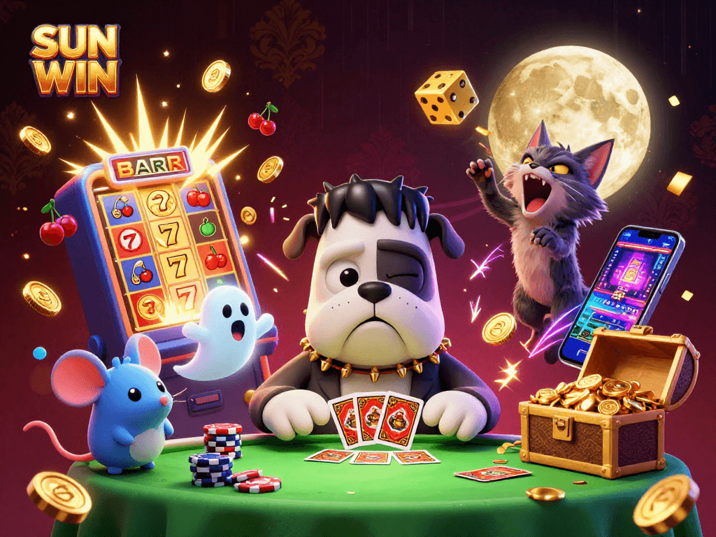 Join the fun at SUN WIN, where the cartoon bulldog monster deals cards amidst a casino explosion!