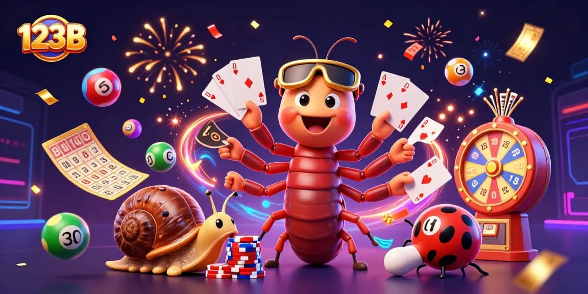Experience the excitement at 123B casino with colorful lottery balls and thrilling games in a dynamic scene.