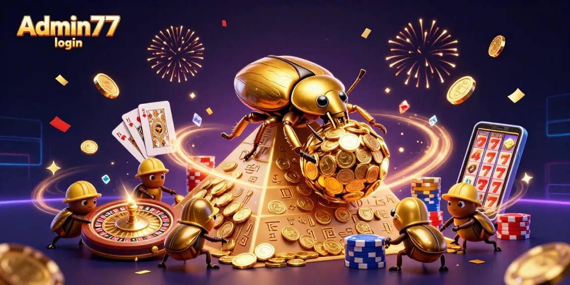 Experience thrilling wins with Admin77 login while rolling in golden coins and dramatic casino elements.