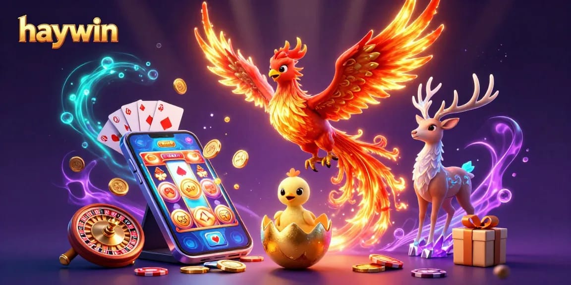 Engage with the exciting haywin gaming experience showcasing a 3D phoenix, vibrant slot games, and dynamic casino elements.