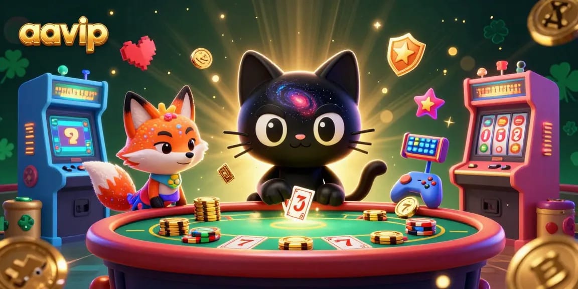 Engage with exciting AAVIP casino games as a cartoon black hole cat pulls in golden chips amidst dynamic gaming elements.