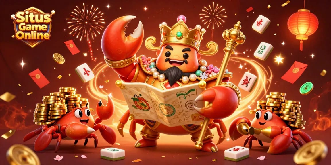 Situs Game Online showcases a golden crab emperor amid festive gambling elements for maximum winnings.