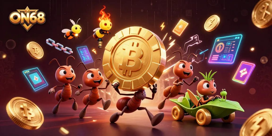 Experience the thrill of ON68 as ants carry a giant poker chip in a vibrant casino heist scene.