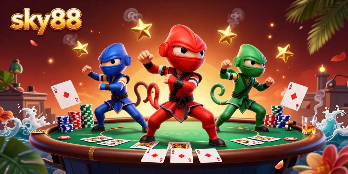 Experience thrilling poker action with sky88 as chameleon ninjas showcase their skills.