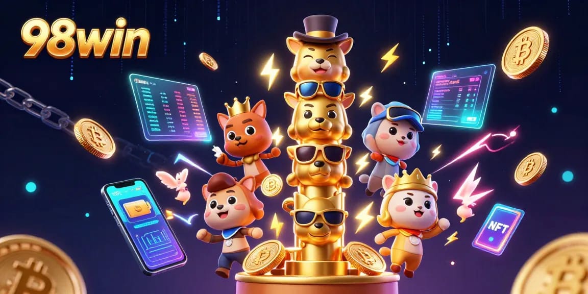 Engage with thrilling games at 98win featuring colorful totem poles and cryptocurrency elements.