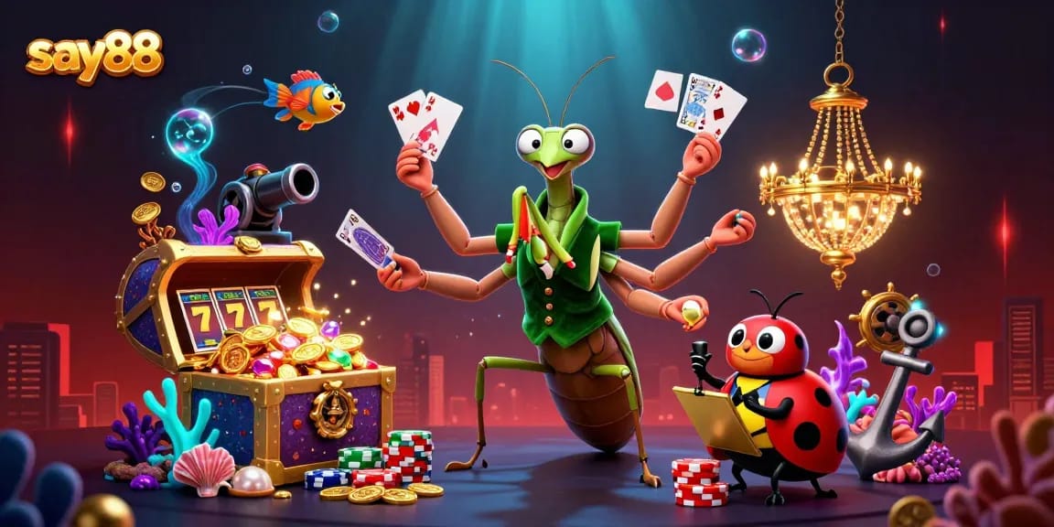 Experience the excitement of say88 with vibrant casino elements, as characters engage in thrilling card games.