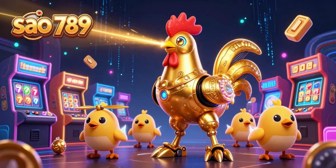 Shoot for jackpots at sao 789 with a vibrant illustration of a golden rooster robot leading a colorful gaming adventure.