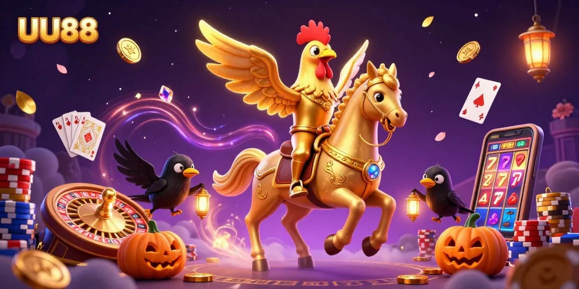 Experience winning at UU88 casino with vibrant games and golden prizes in this dynamic illustration.