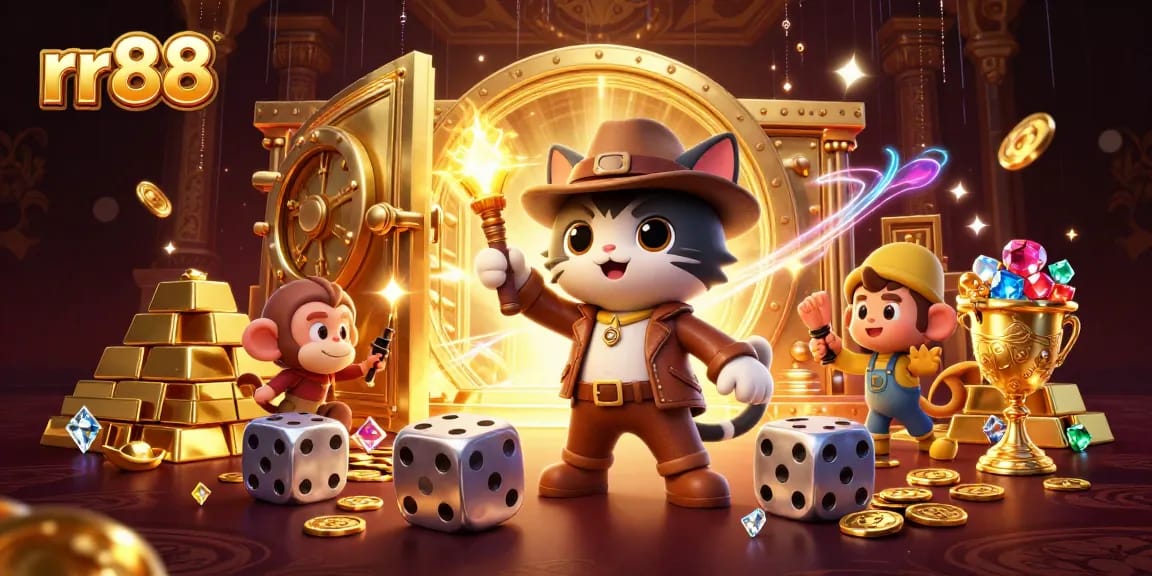 Uncover treasures at rr88 with a cartoon explorer and monkey companion in a vibrant casino scene.