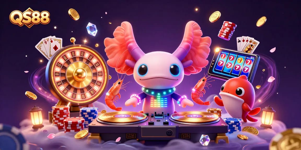 Experience the thrilling underwater vibe of QS88 as an axolotl DJ spins tracks with coins and gems flying around.