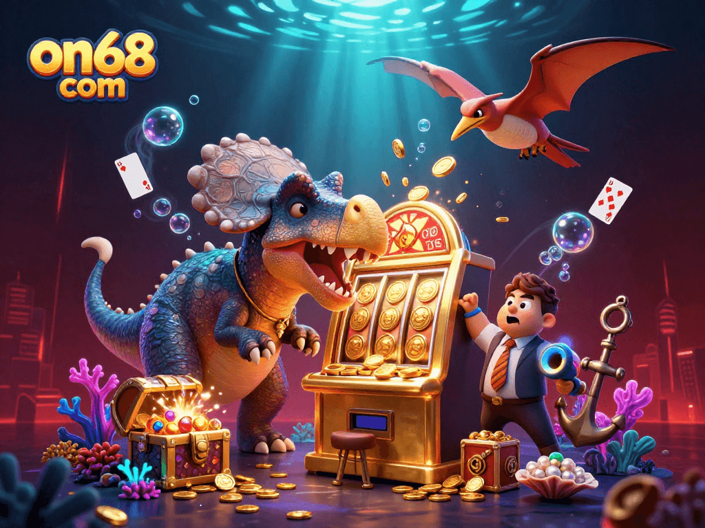 Experience jackpot thrills with on68 com's vibrant casino illustration featuring a dynamic trio.