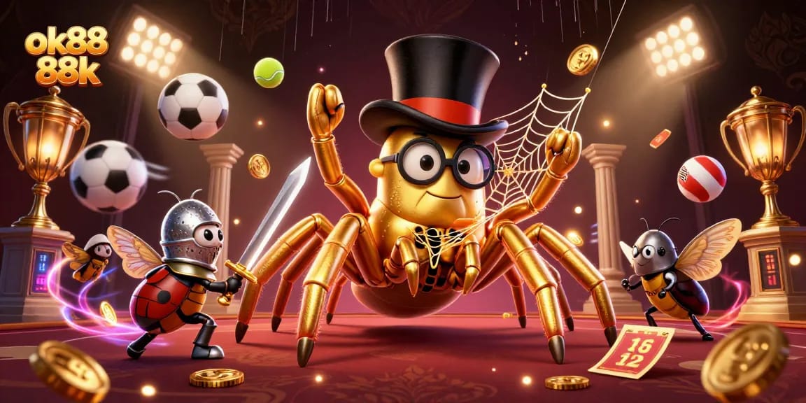 Engaging scene featuring ok88 88k with a golden tarantula and sports betting elements.