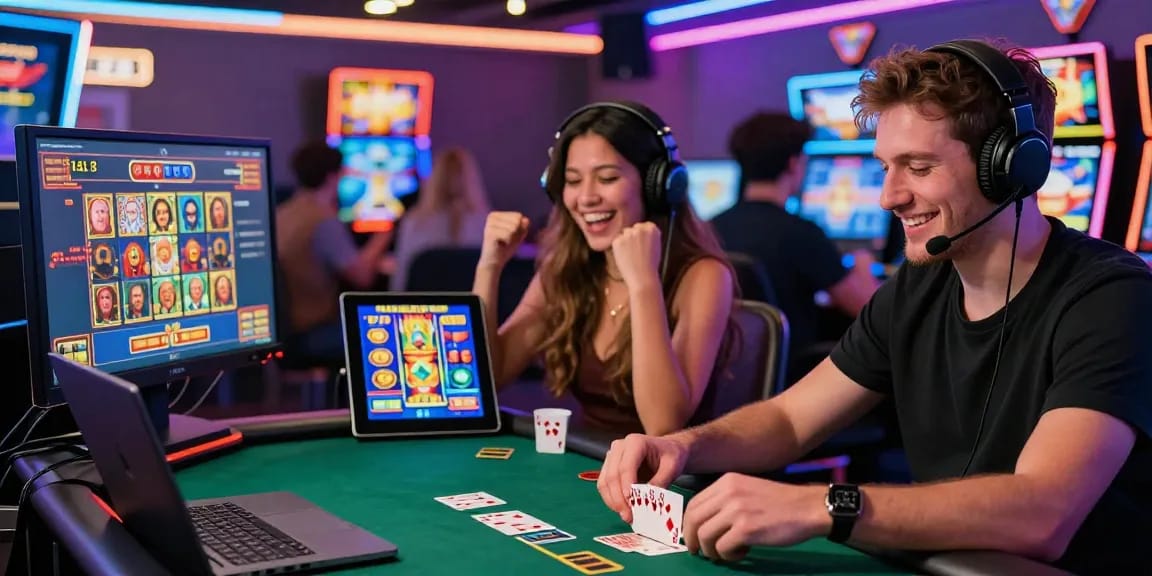 Players celebrating wins at Slotmaxwin online casino games in a vibrant gaming environment.