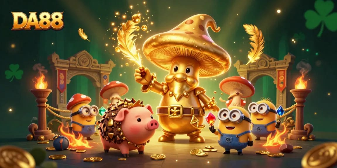 Experience the magic of DA88 with a golden wizard and treasure-hunting pig in a vibrant casino scene.