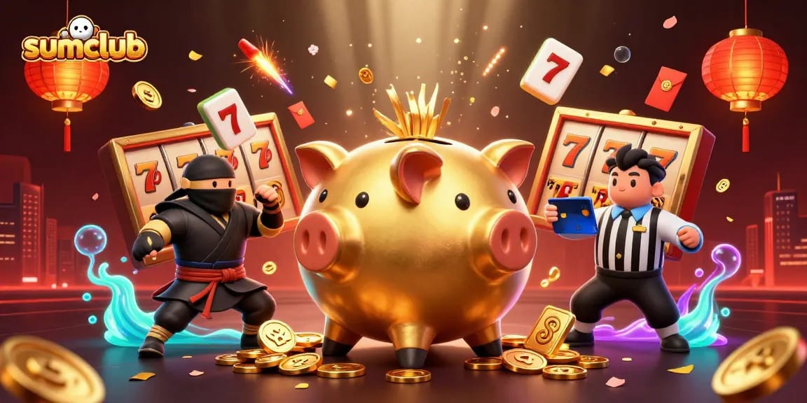 Engage in thrilling gameplay at sumclub with a vibrant 3D illustration featuring a golden piggy bank and dynamic elements.