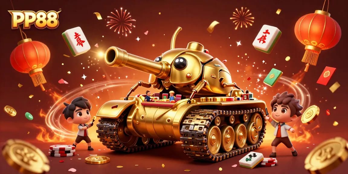 Experience the vibrant PP88 casino adventure inside a golden beetle tank filled with games and excitement.
