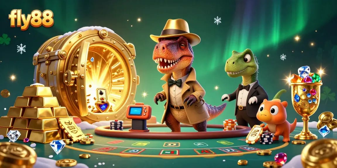 Experience the thrill of fly88 with a 3D velociraptor card counter at a casino table packed with treasures and excitement.