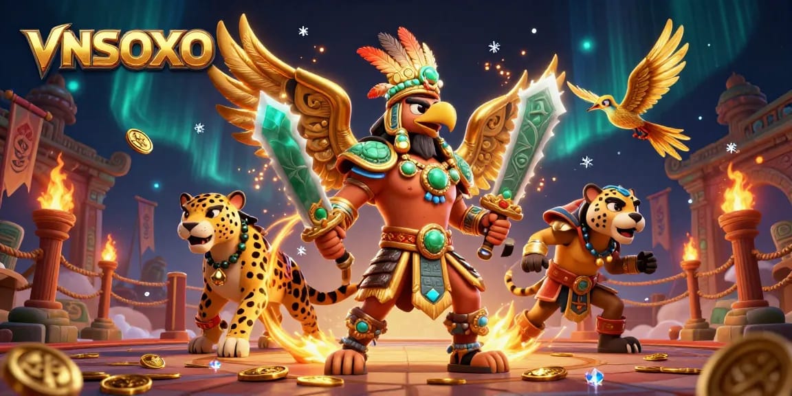 VNSOXO showcases a vibrant 3D illustration with an Aztec warrior and dynamic gambling elements enriching the casino experience.