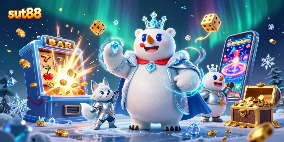 Sut88 showcases a captivating online gaming scene with a slot machine, winning coins, and vibrant characters.