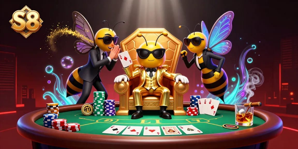 Experience thrilling poker strategies at S8 with vibrant casino elements and engaging characters.