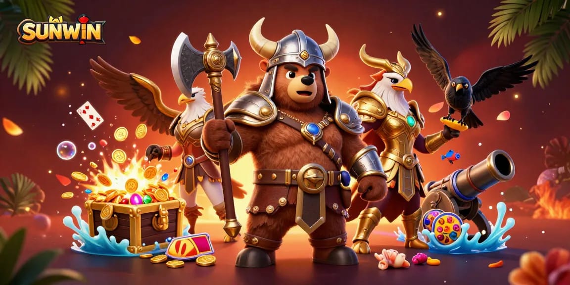 SUNWIN offers thrilling gaming experiences with a vibrant Viking bear and Valkyrie eagle amidst casino adventure elements.