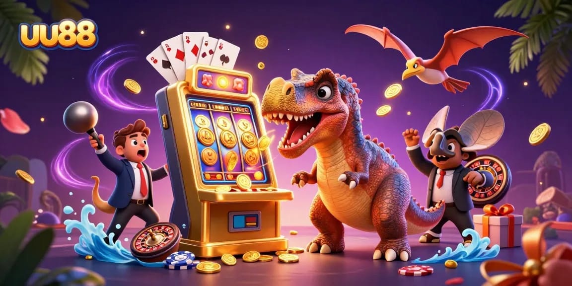 uu88 jackpot scene with cartoon dinosaurs and golden coins flying around a slot machine