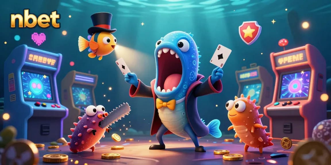 Engage with nbet's vibrant 3D underwater casino scene featuring a magical eel and anglerfish.