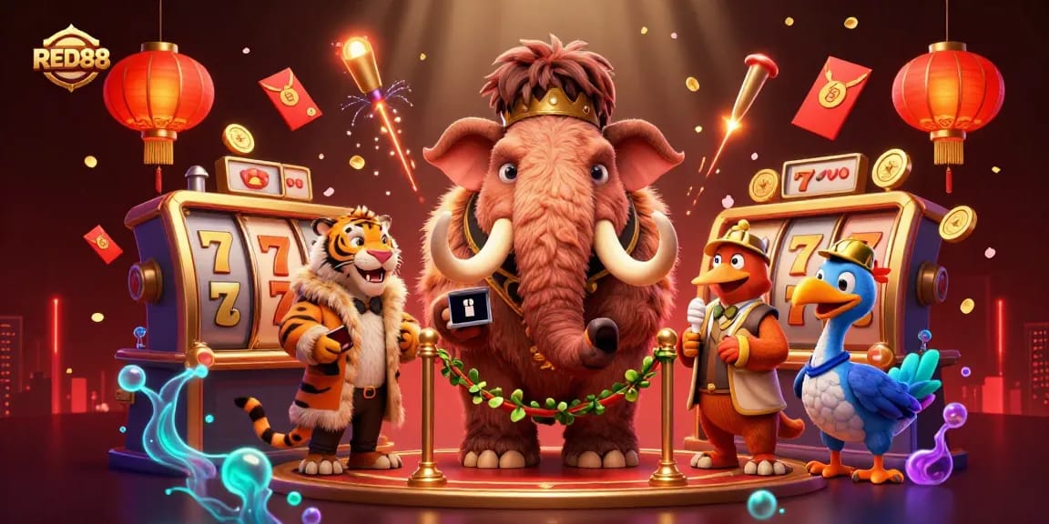 Experience thrilling excitement at RED88's casino, featuring a vibrant 3D scene with playful characters.