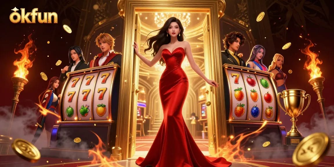 Win with okfun in this stunning casino scene featuring dynamic slot game elements.