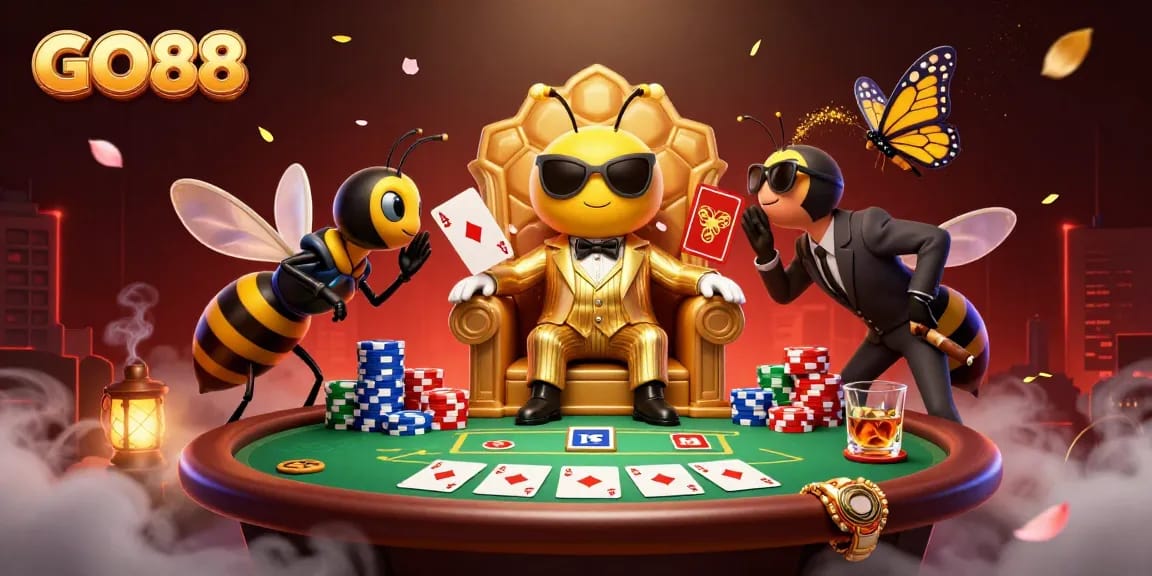Experience thrilling poker action at GO88 with a vibrant scene featuring a cartoon mob boss and game elements.