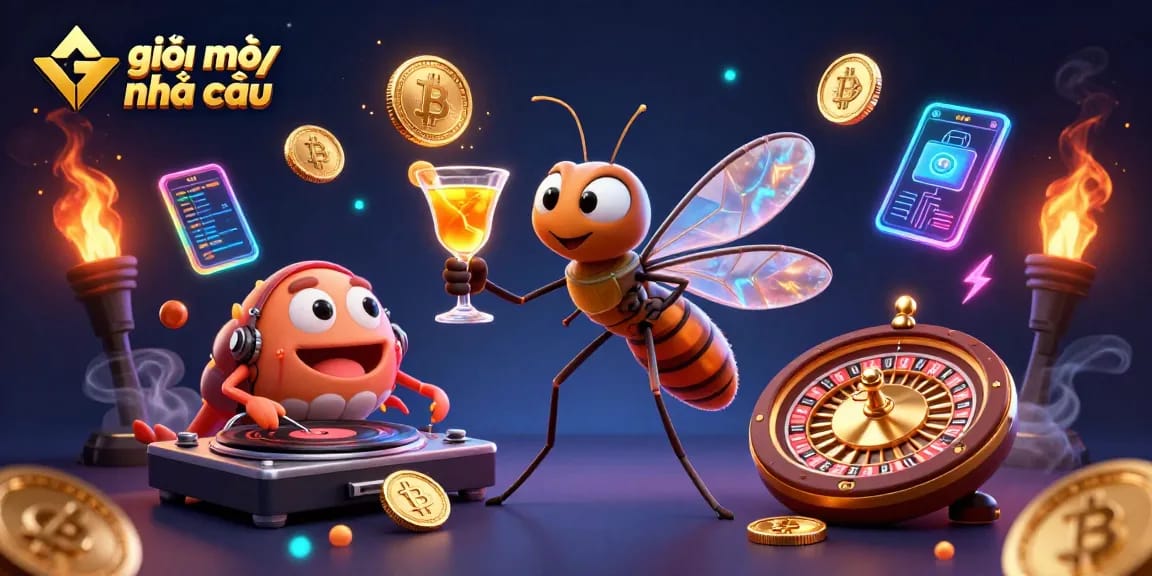 Engage with giải mã nhà cái as a lively casino scene unfolds featuring a mosquito mascot and trilobite DJ.