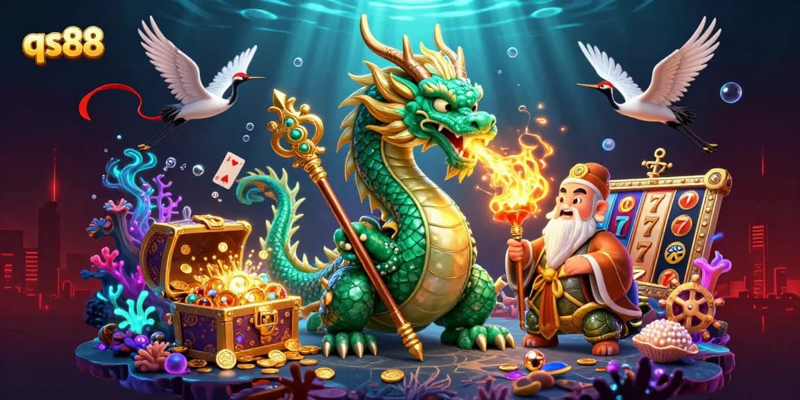 Experience thrilling slots at qs88 with a radiant dragon and lucky symbols in this vibrant casino illustration.
