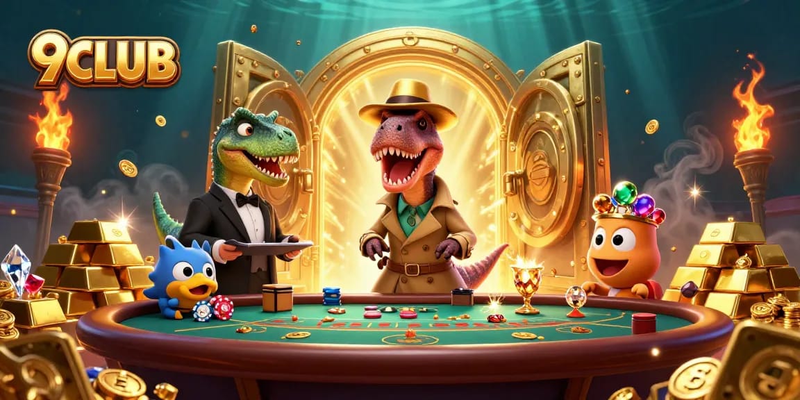 Engage with 9CLUB by witnessing a velociraptor card counter in action at a vibrant casino scene