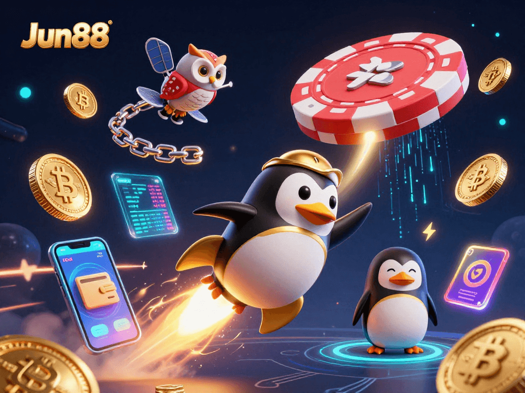 Experience the excitement of Jun88 with a dynamic 3D cartoon scene, featuring a golden penguin and crypto elements.