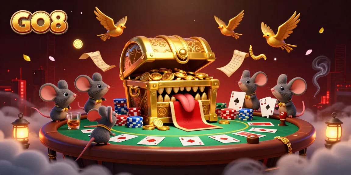 Play and win at GO8 with vibrant casinos, poker tables, and a treasure chest attractively luring adventurers.