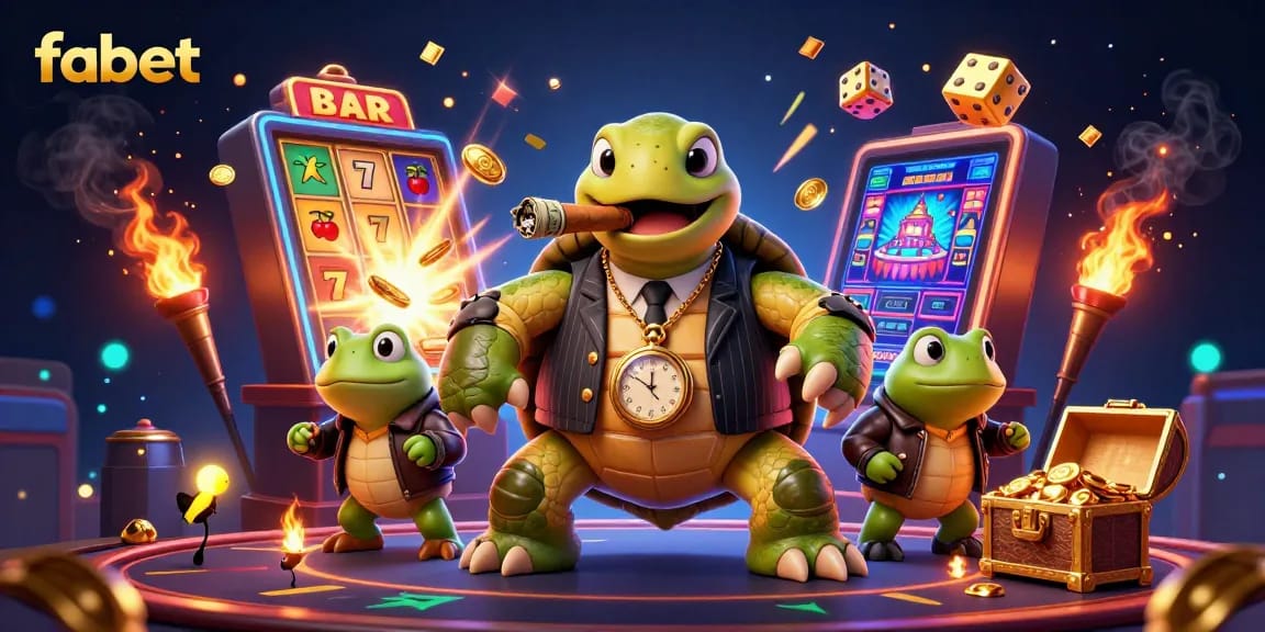 Experience the excitement of fabet with a dynamic casino scene featuring a turtle mobster and lively game elements.
