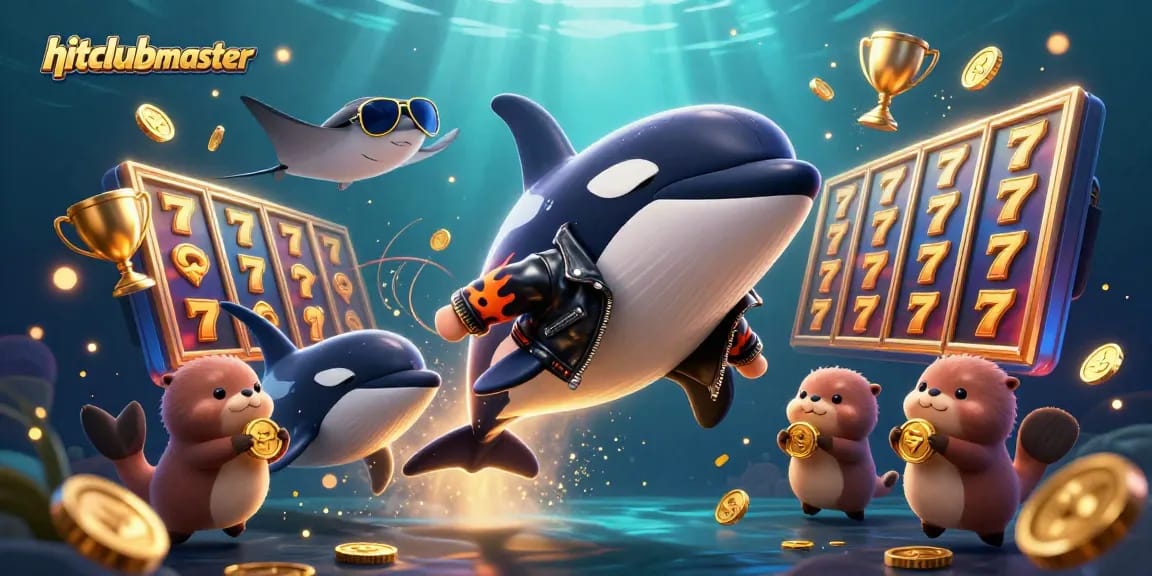 Engage with hitclubmaster's thrilling jackpot scene featuring a cartoon orca, stingray, and otters.