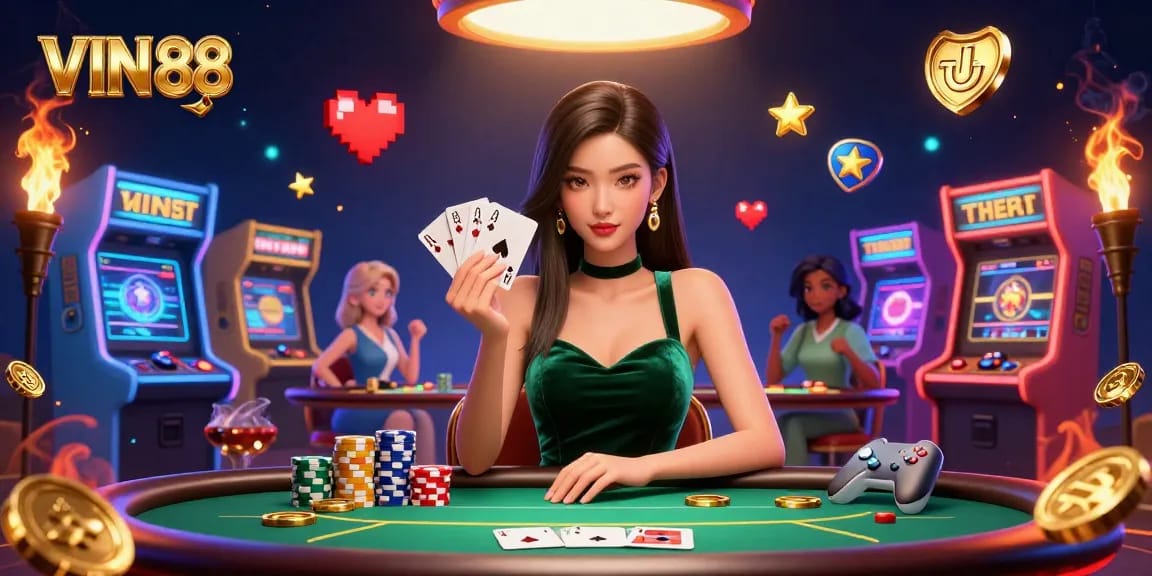Experience strategic gameplay at VIN 88 with a stunning poker scene showcasing a focused Asian woman in an emerald dress.