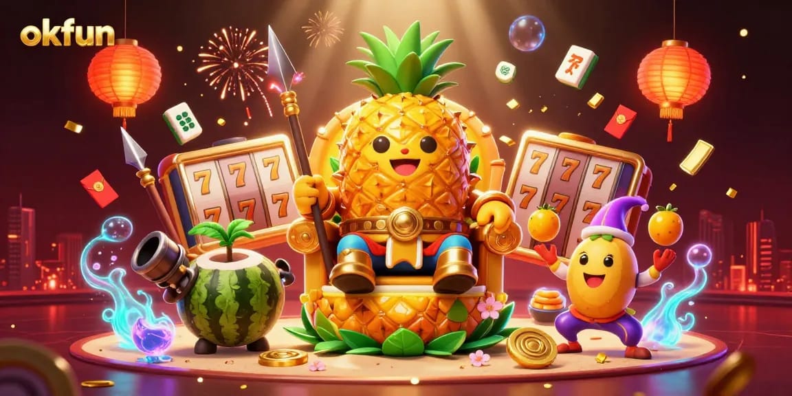 Play exciting games at okfun with a vibrant illustration featuring a pineapple king and casino elements.