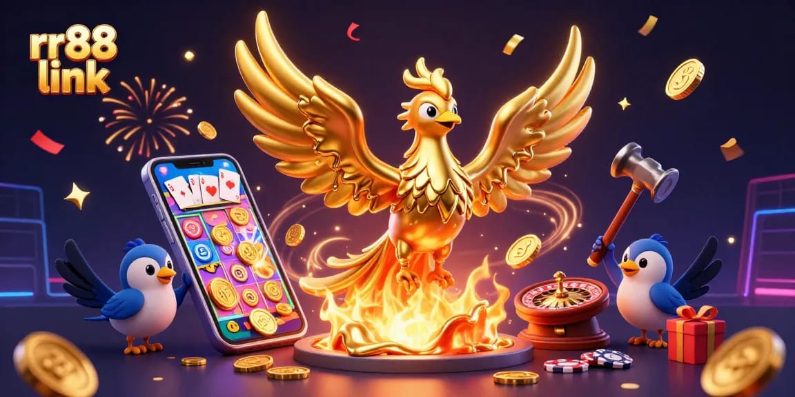 Experience the excitement of rr88 link with a golden phoenix and vibrant casino elements in this rich 3D illustration.