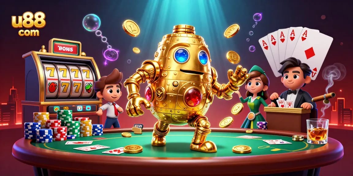 Engage with exciting games at u88 com, featuring a dynamic golden golem and vibrant poker elements.