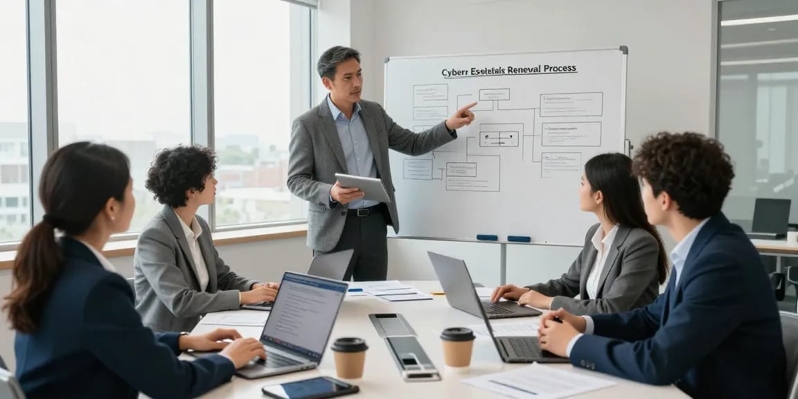 Cyber Essentials renewal meeting highlighting collaborative discussions on cybersecurity compliance in a modern office.