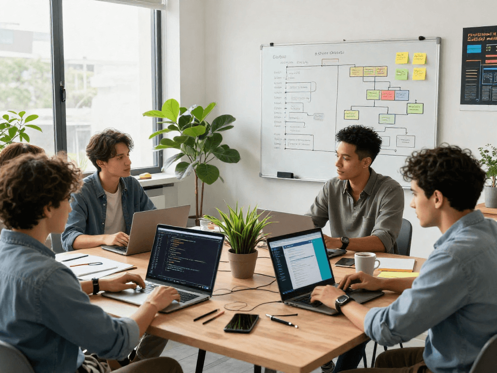 Dynamic net88 tech workspace with a diverse team brainstorming, laptops and code on display.