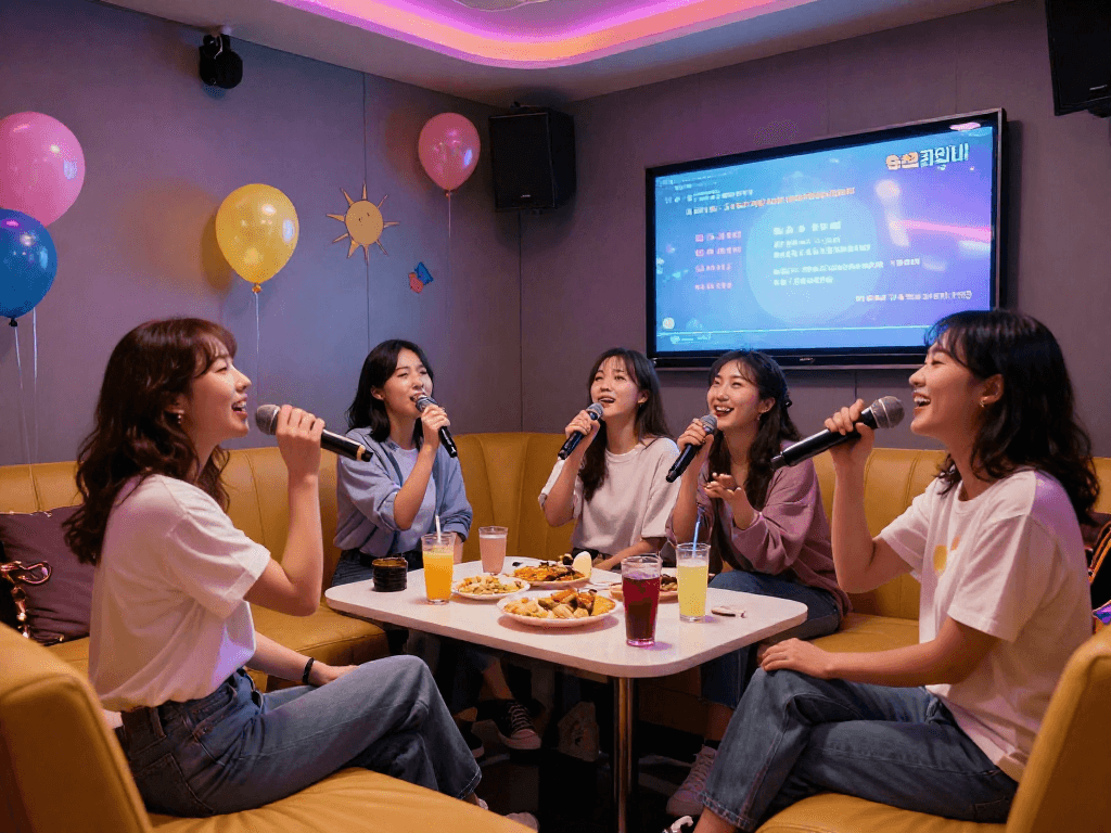 유앤미 가라오케에서 친구들과 즐거운 시간을 보내는 모습, 화려한 조명과 아늑한 분위기 속에서 생일파티에 적합한 프라이빗 룸의 특징을 보여줍니다.