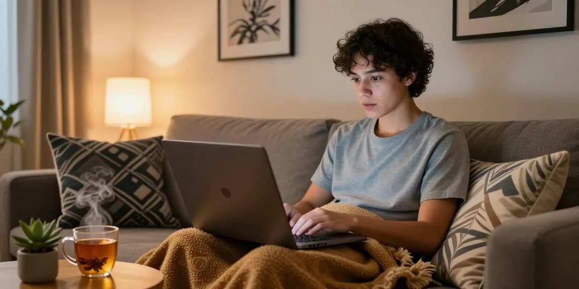 Engaging in a porn chat ai conversation on a cozy sofa, showcasing an inviting digital interaction.