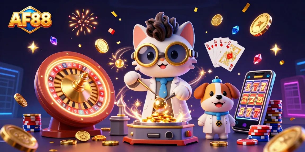AF88 offers thrilling gaming adventures featuring lively characters immersed in gold coins and dazzling lights.