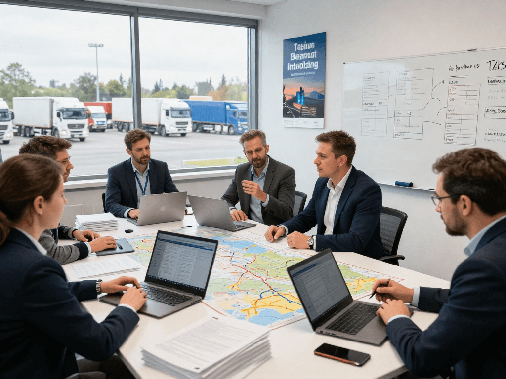 FTL Transport in Dortmund: Fachleute planen Logistikstrategien in modernem Büro.