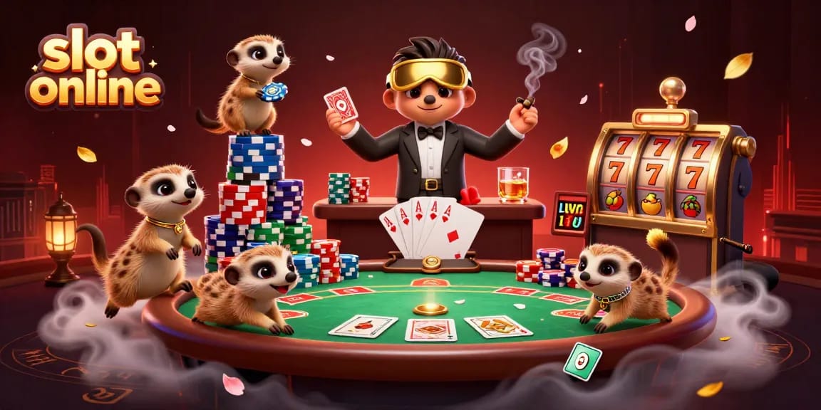 Menghasilkan slot online dengan koloni meerkat 3D di kasino, melawan chip dan tumpukan kartu poker.