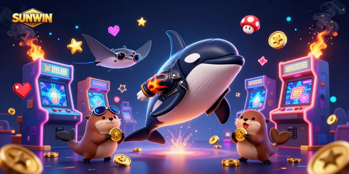 SUNWIN brings excitement with a vibrant 3D casino scene featuring an orca, stingray, and otters amidst arcade game elements.