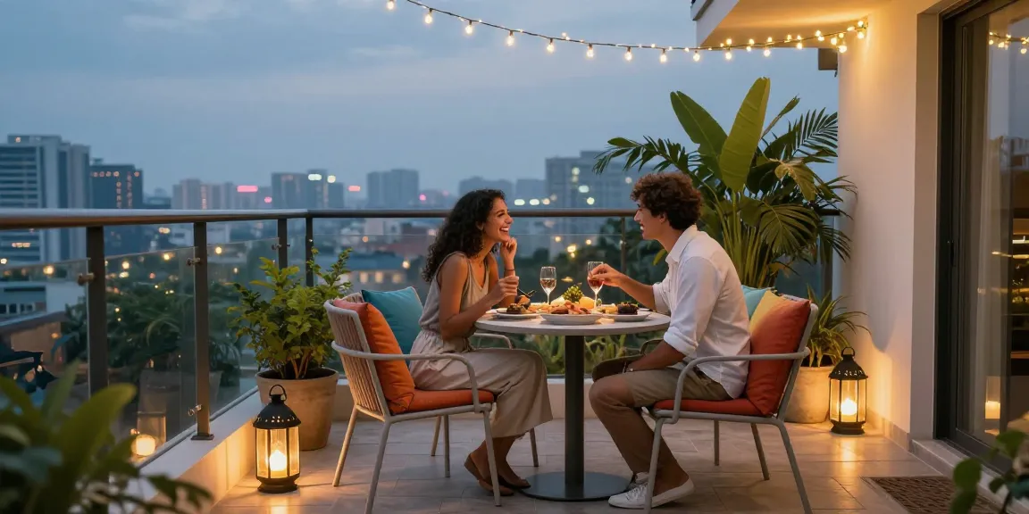 Balcony patio furniture set with colorful cushions and twinkling lights during a cozy dinner.